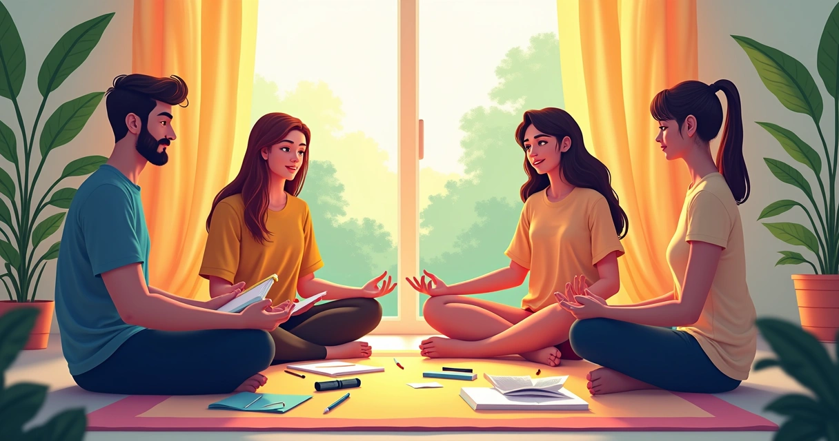 Sessão de terapia integrativa reunindo diferentes práticas em ambiente acolhedor. 