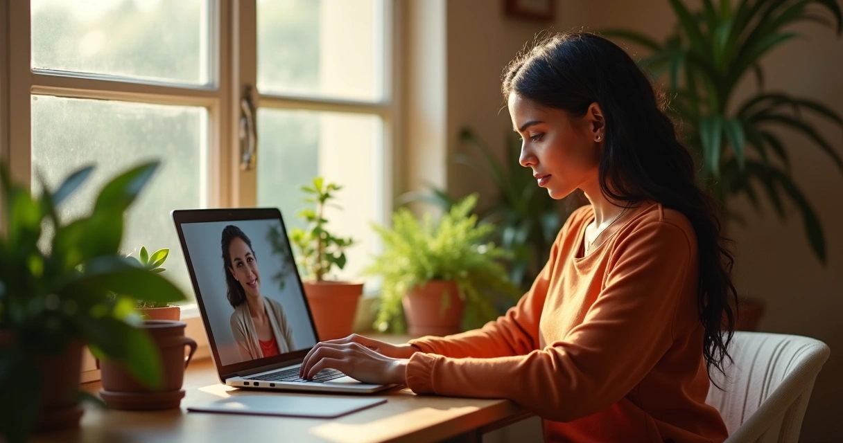 Mulher em sessão de terapia online no notebook, ambiente doméstico tranquilo