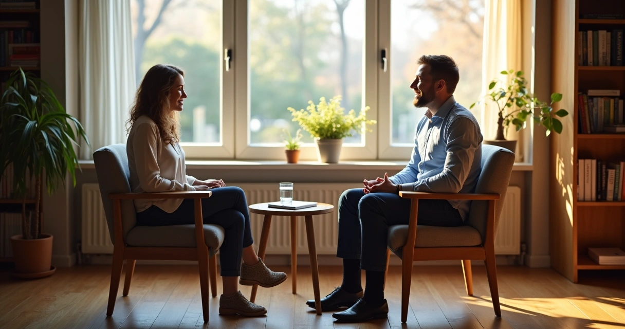 Sala de terapia presencial com terapeuta e paciente sentados, conversando, ambiente acolhedor 
