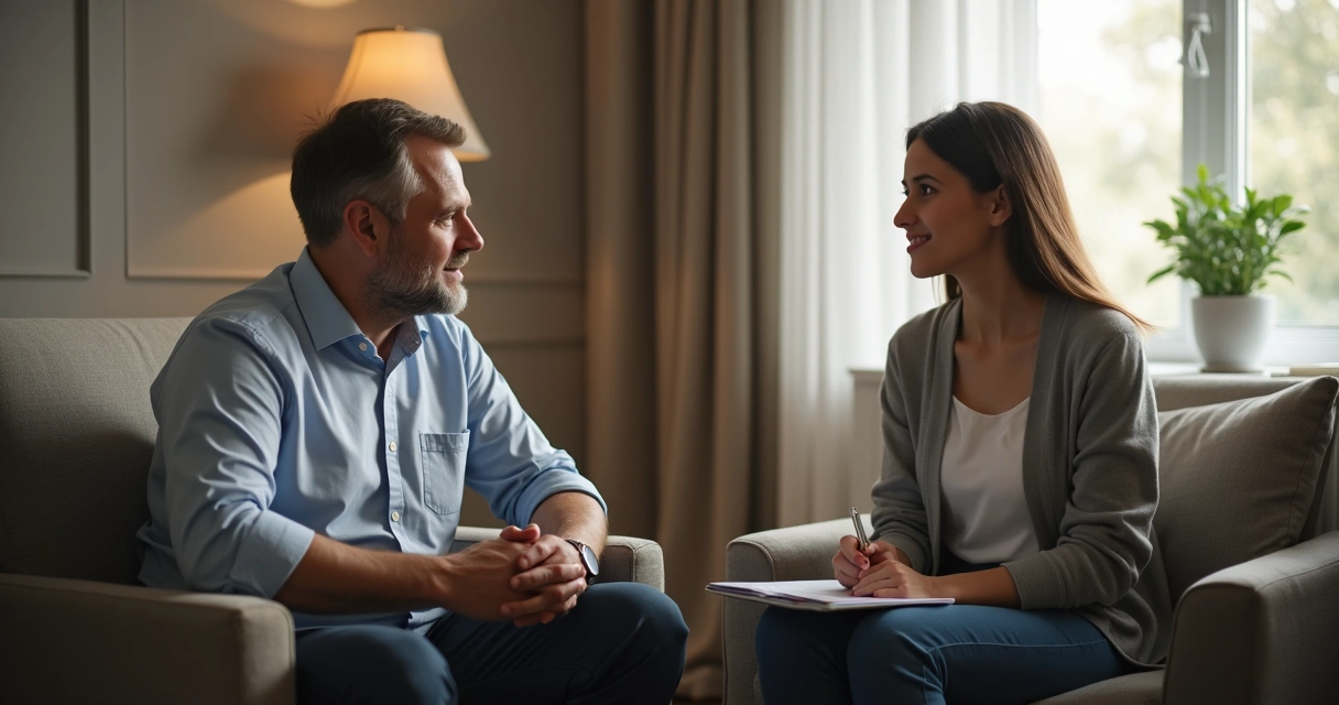 Psicólogo ouvindo atento paciente jovem em sessão de terapia