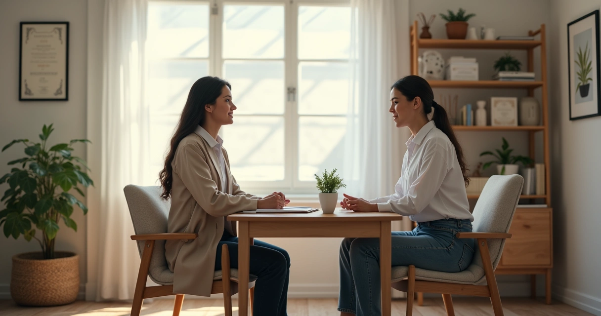 Pessoa sentada em consultório de terapia batendo papo com terapeuta 