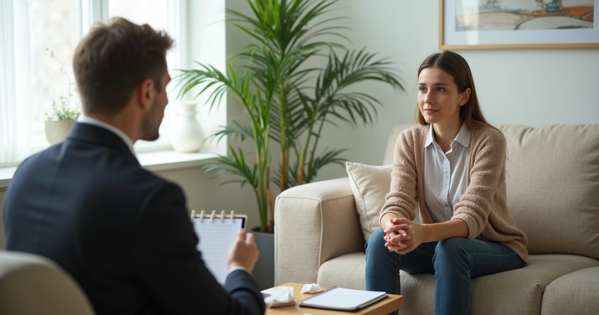 Psicólogo e paciente conversando em consultório iluminado 