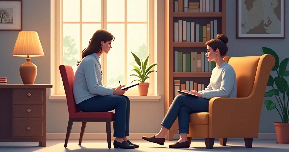 Terapeuta escutando paciente em consultório clássico de psicologia. 