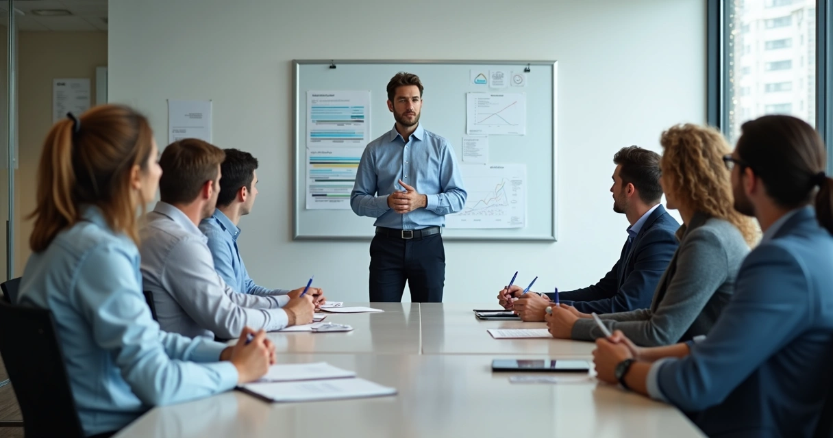 Sala de reunião com equipe atenta a um treinamento 