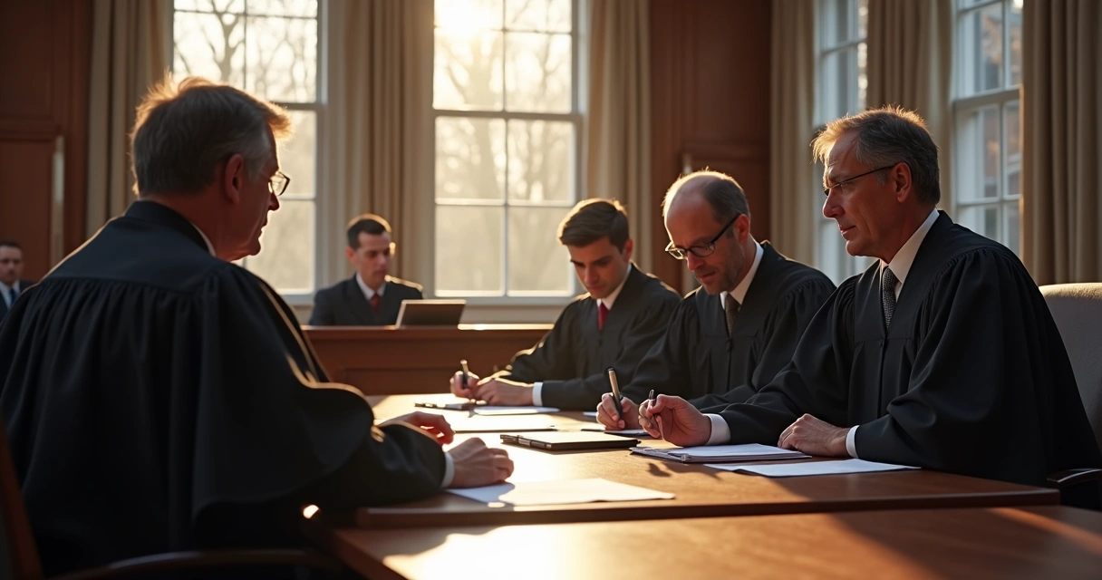 Sessão no tribunal do STJ com ministros julgando recursos. 