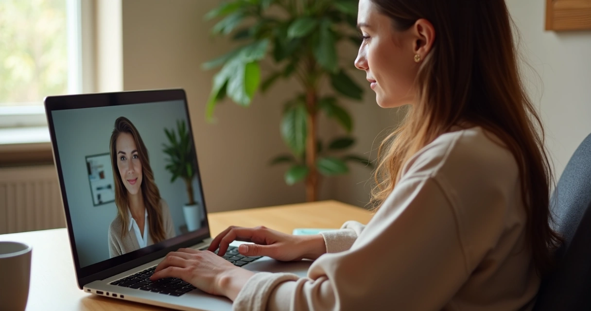 Pessoa em sessão de terapia online por videoconferência, sentada diante de notebook 