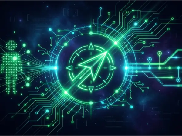 Seta digital verde conectada a circuito eletrônico representando tecnologia e automação