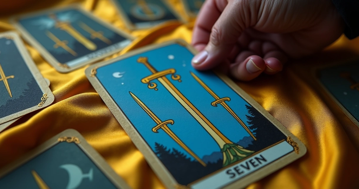 Sete de Espadas rodeado por cartas de tarot, mostrando segredo em tiragem amorosa 