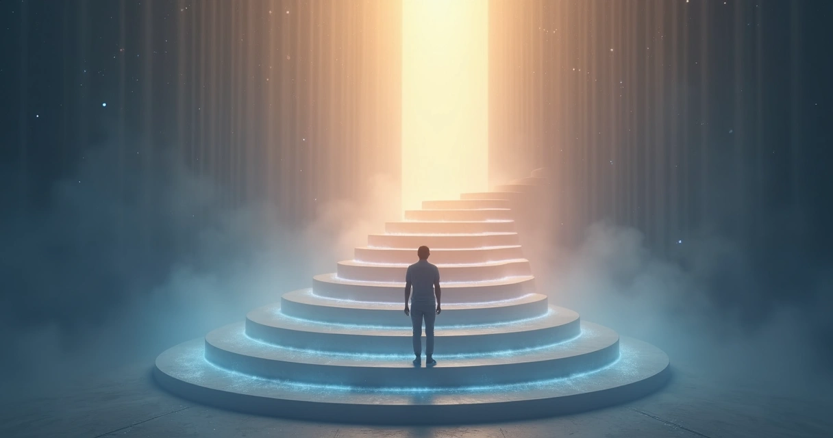 Ilustração de uma pessoa caminhando por sete degraus luminosos representando estágios de evolução humana 