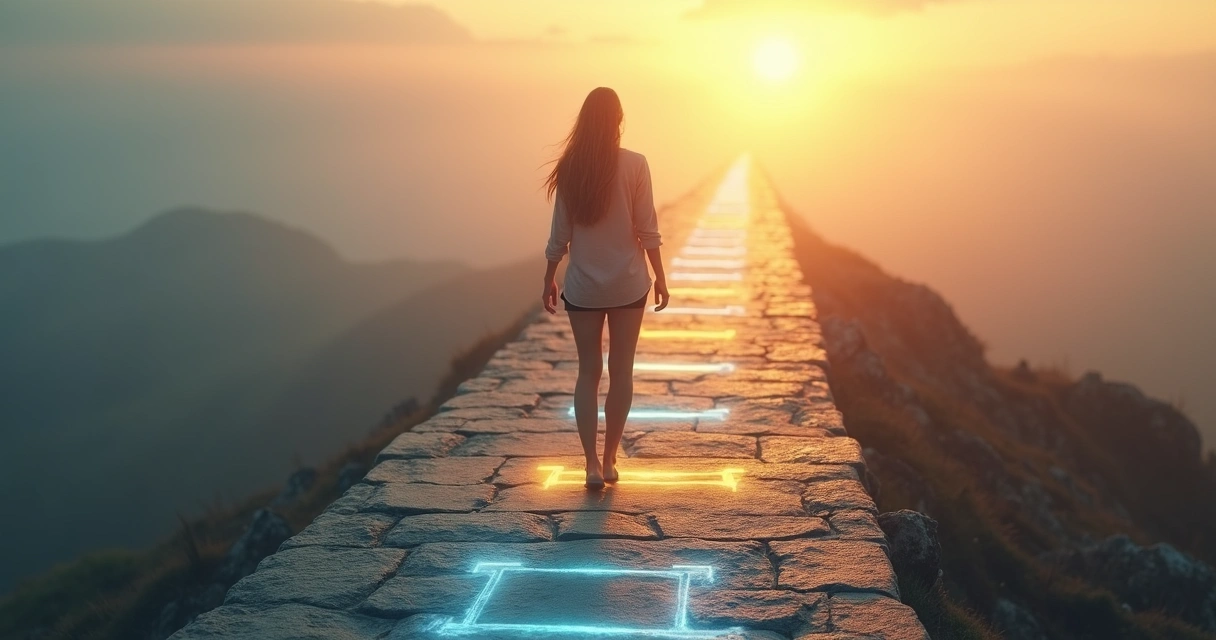 Pessoa em pé diante de sete degraus iluminados simbolizando níveis de consciência 