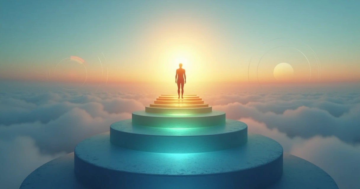 Ilustração realista de sete níveis de consciência representados por um caminho em camadas ascendentes 