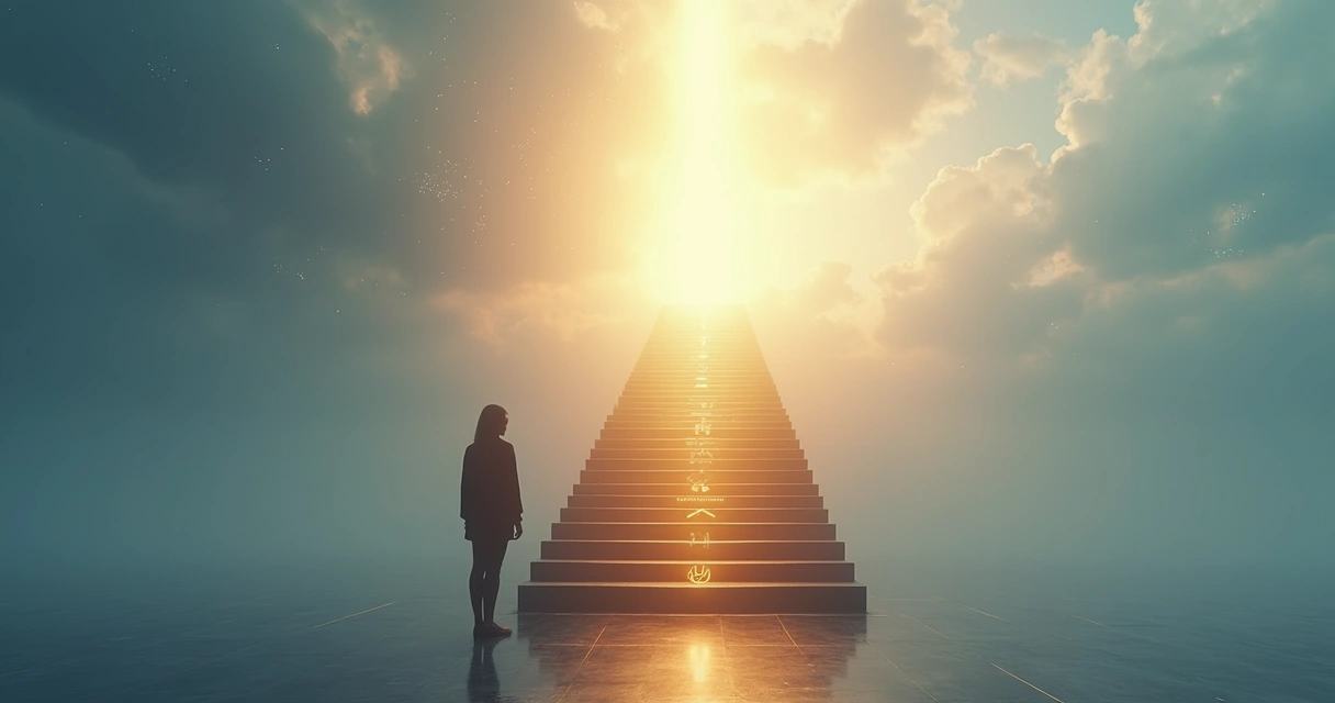 Pessoa em pé diante de sete degraus iluminados representando níveis de consciência 