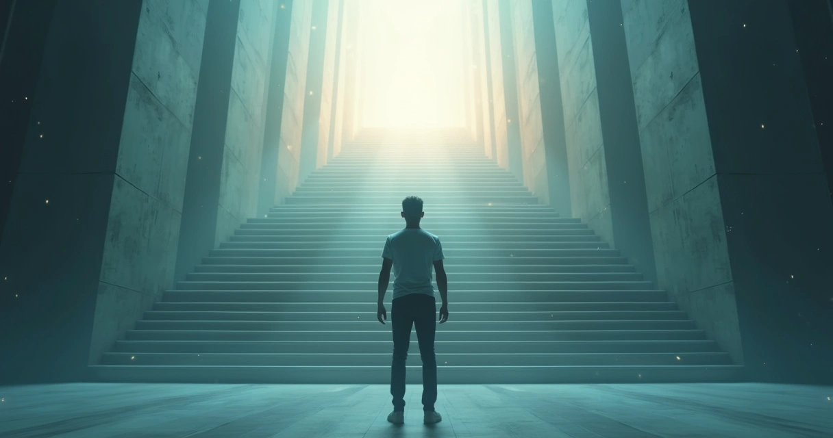 Pessoa em pé diante de sete degraus iluminados representando níveis evolutivos de consciência 