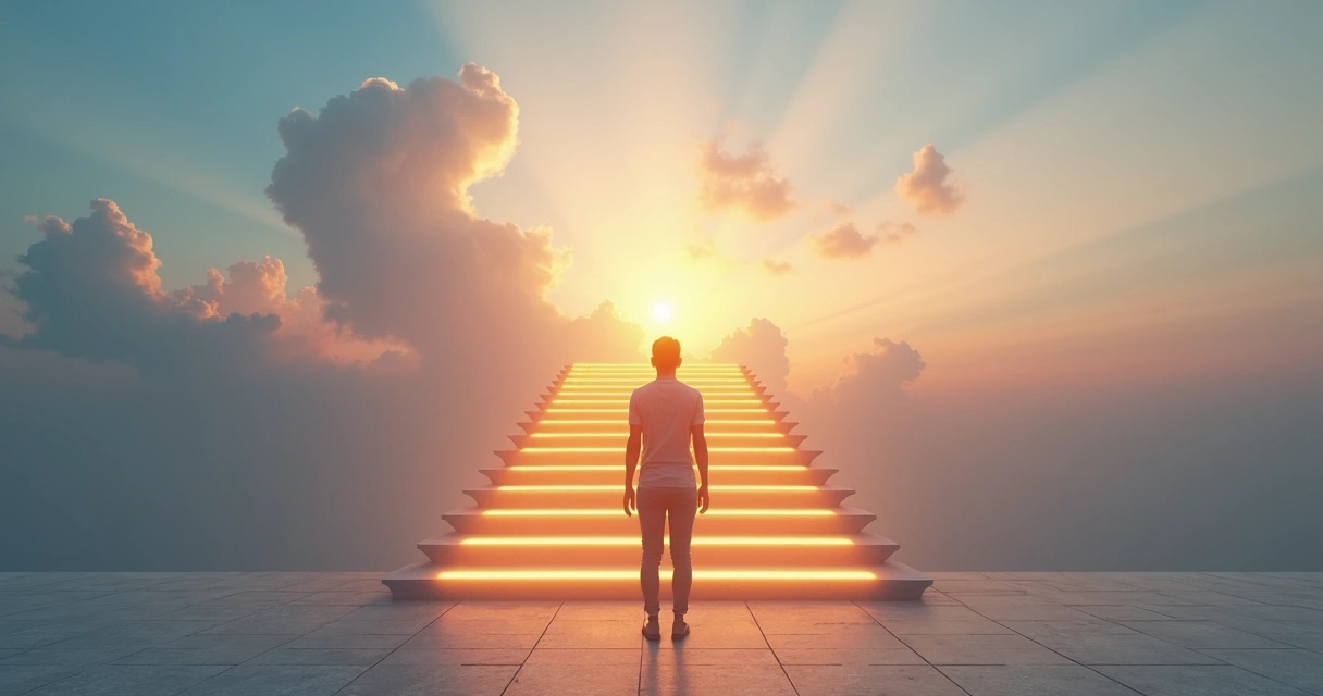 Pessoa em frente a escada com sete degraus olhando para horizonte ao amanhecer 