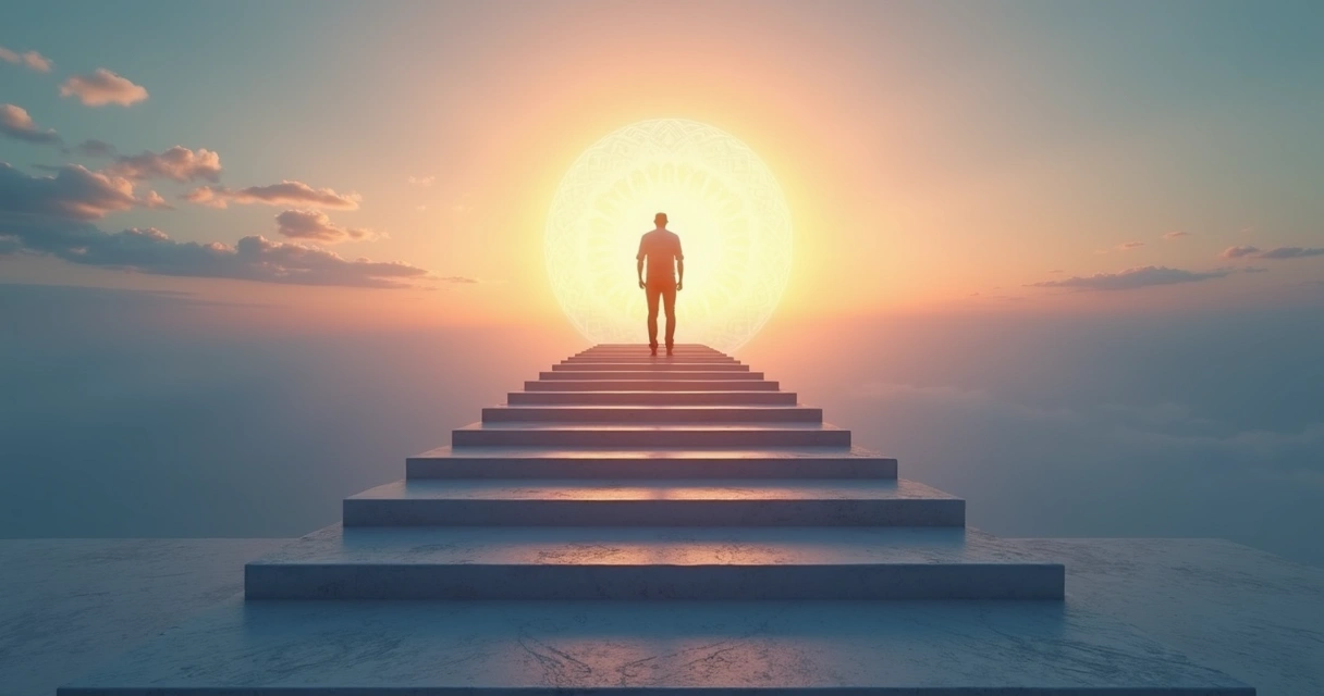 Silhueta em escadaria com sete degraus rumo a um horizonte iluminado 