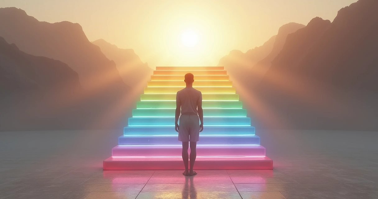 Ser humano em sete degraus de luz representando níveis de evolução da consciência 