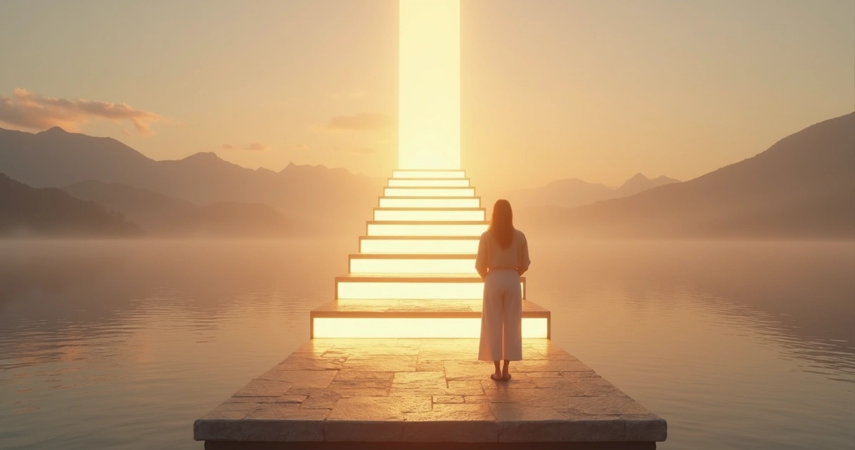 Pessoa contemplando sete degraus de luz representando níveis de evolução pessoal 