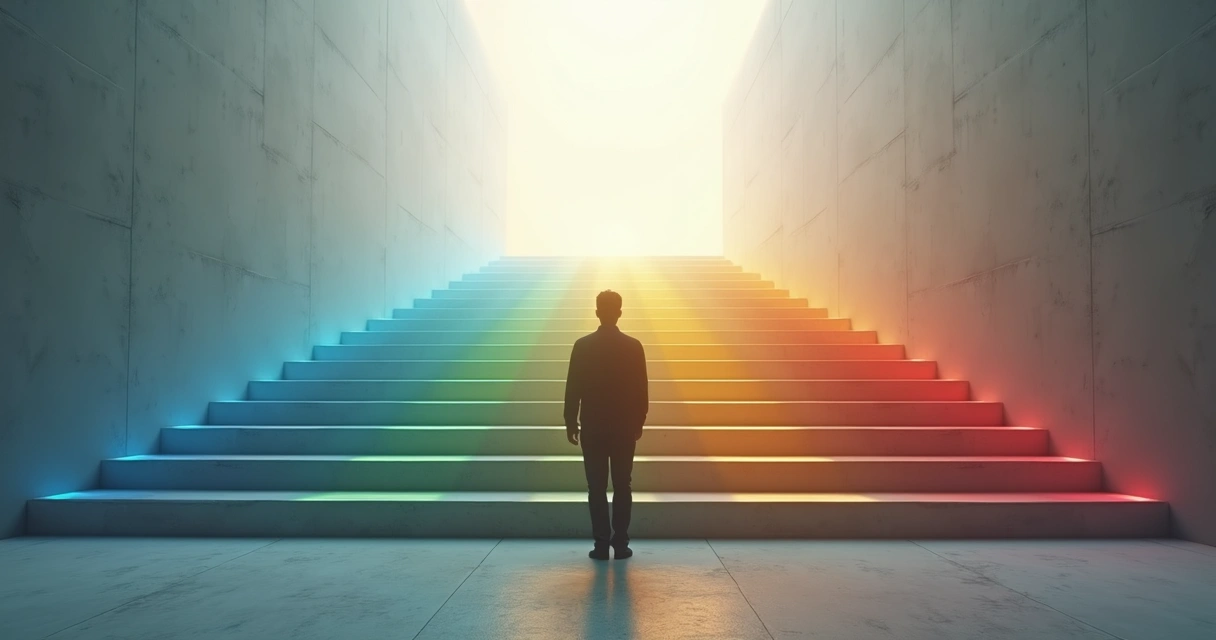 Silhueta de pessoa em escadaria luminosa simbolizando sete níveis de evolução da consciência 