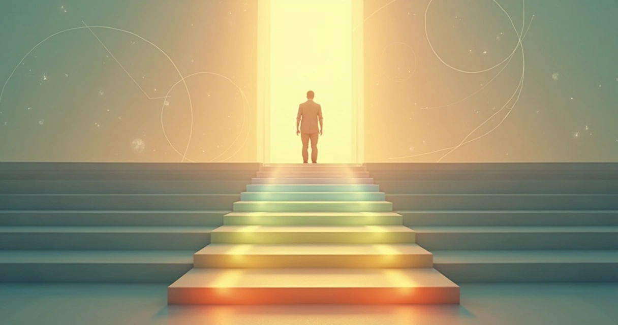 Ilustração realista de pessoa em jornada de crescimento subindo sete degraus iluminados 