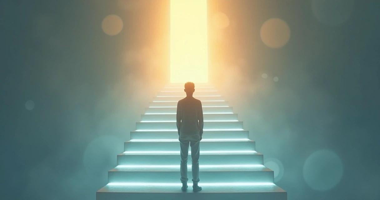 Pessoa em uma escadaria luminosa simbolizando sete níveis de evolução e tomada de decisão consciente 