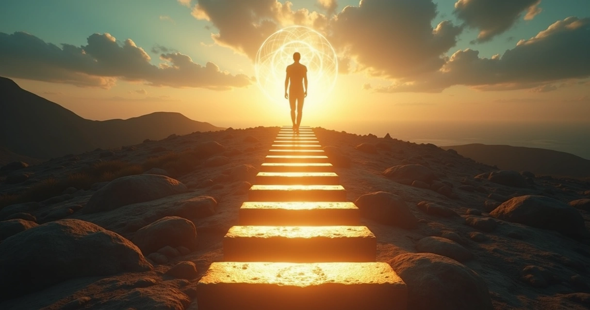 Silhueta em escada com sete degraus rumo a um horizonte iluminado 