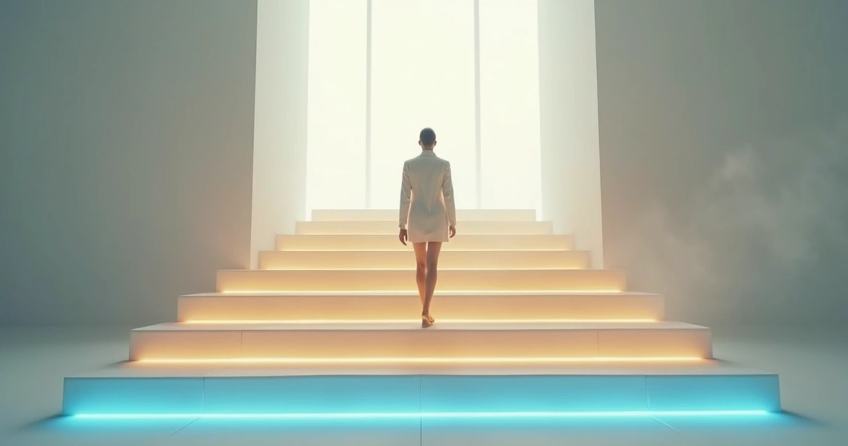 Pessoa subindo sete degraus de luz representando evolução pessoal 