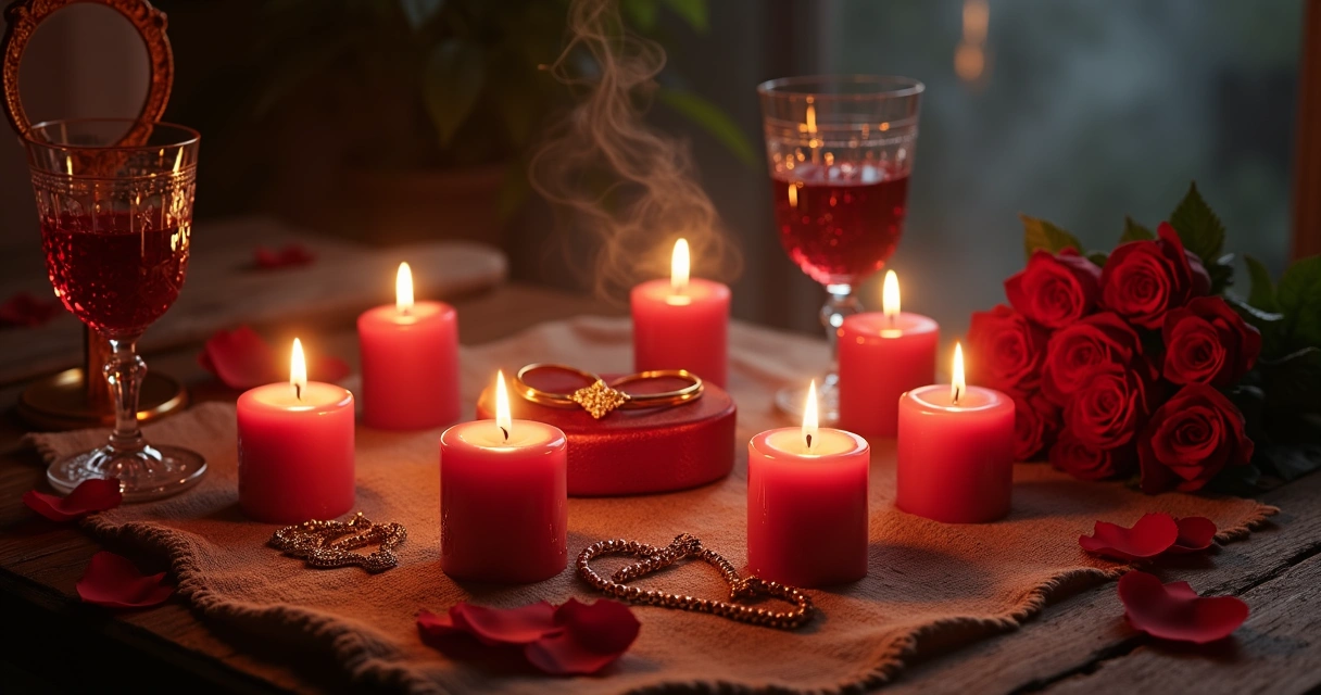 Ritual com velas, rosas e taças organizado no chão, simbolizando oferenda a entidade.