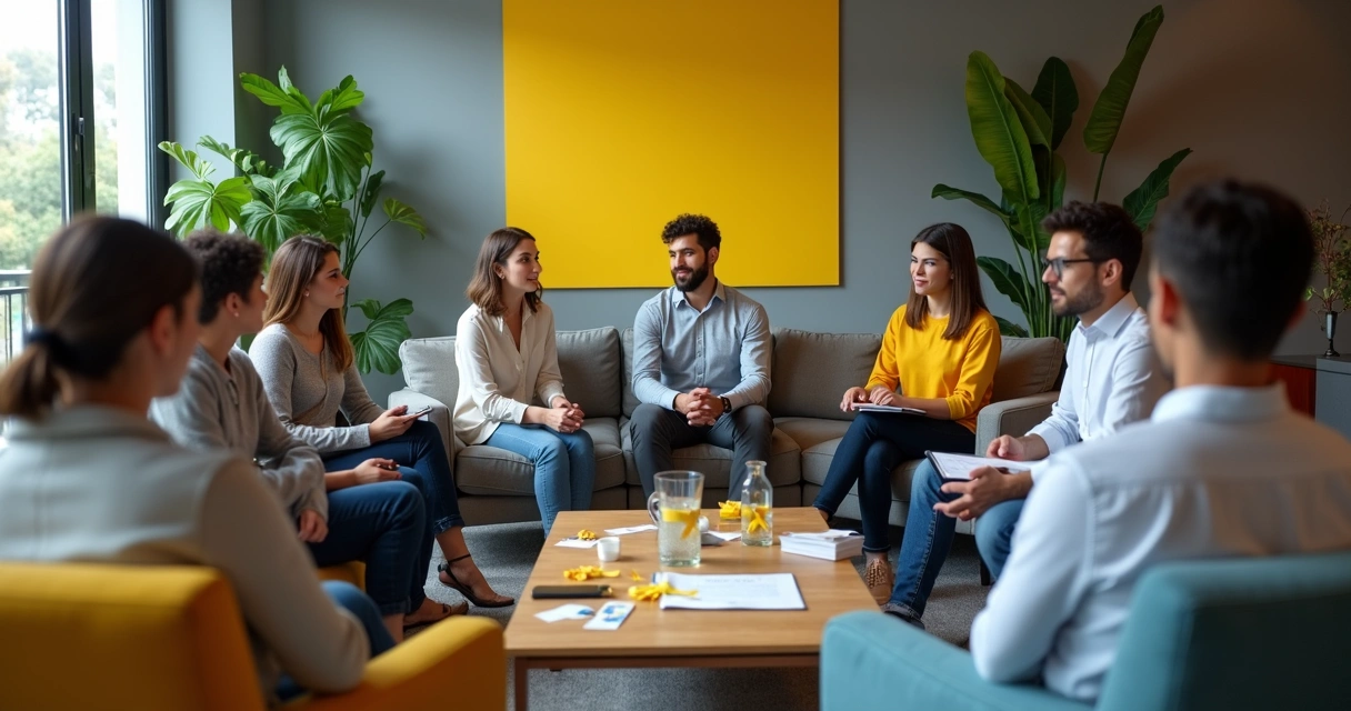 Colaboradores em roda de conversa em escritório com fitas amarelas de conscientização. 