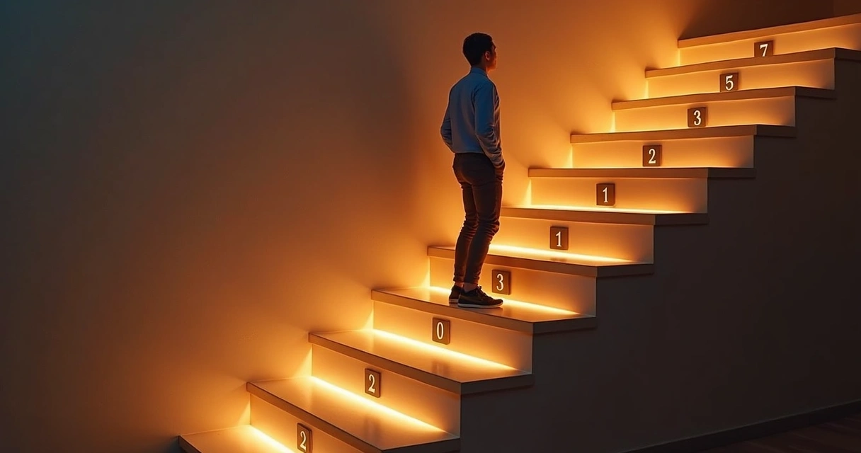 Sete degraus de escada iluminada simbolizando evolução pessoal, pessoa subindo 