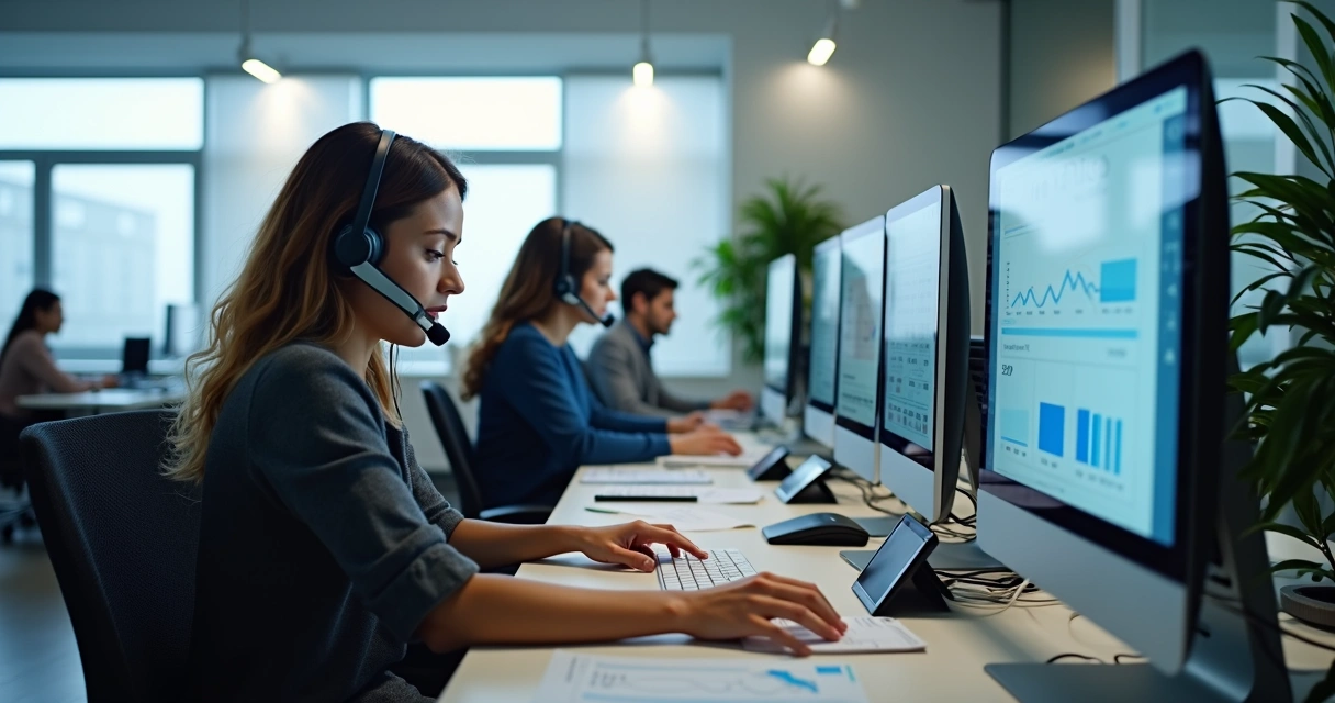 Equipe de profissionais no setor de cobrança trabalhando com computadores e telefones em ambiente de escritório moderno 