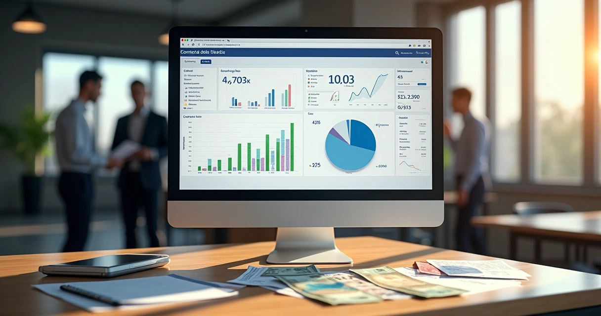 Tela de computador exibindo gráfico de inadimplência com dados de cobrança ao lado de papéis de contas e cédulas brasileiras 