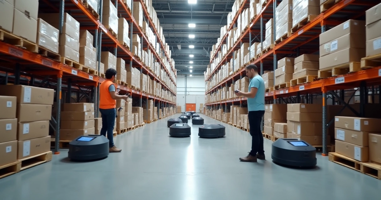 Corredores de armazém automatizado com prateleiras altas e operadores fazendo picking 