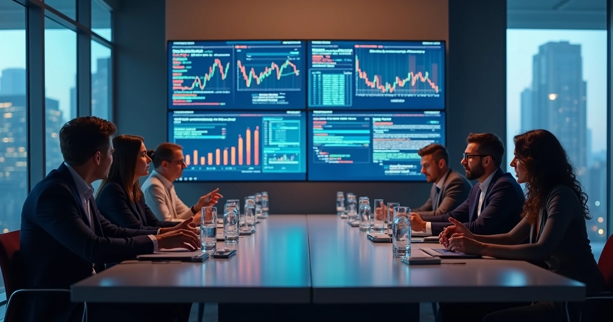Profissionais do setor financeiro em reunião com gráficos digitais 