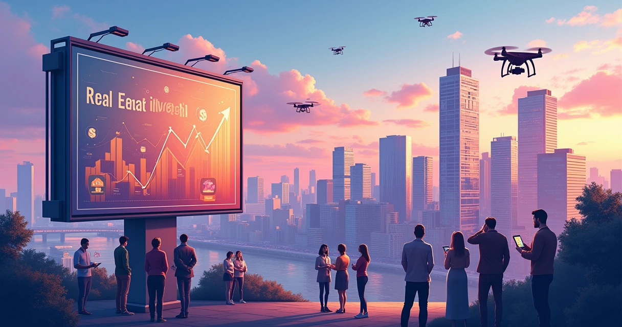 Vista aérea de um setor financeiro com prédios e pessoas discutindo sobre investimentos em недвижимости.