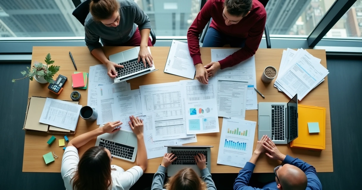 Equipe contábil analisando documentos fiscais na mesa 