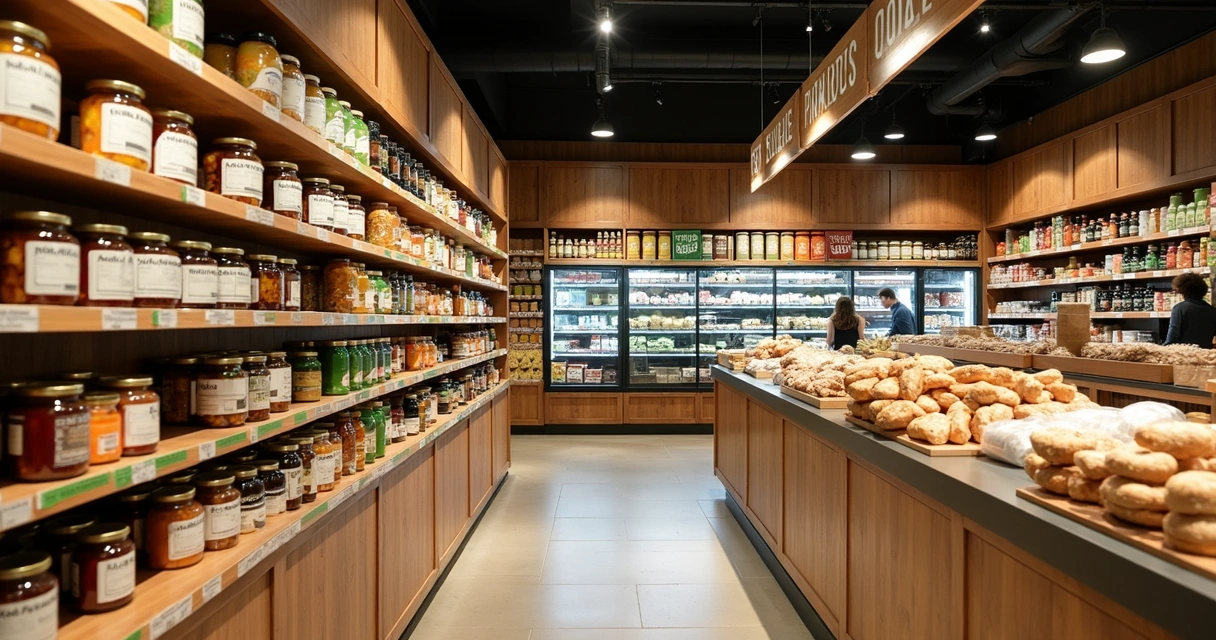 Setor de mercado com produtos locais em destaque 