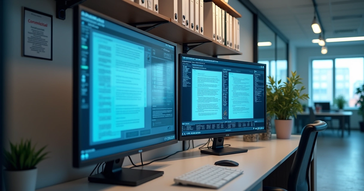 Área de trabalho de uma empresa regulada com monitores exibindo documentos digitais, prateleiras organizadas e selo de conformidade