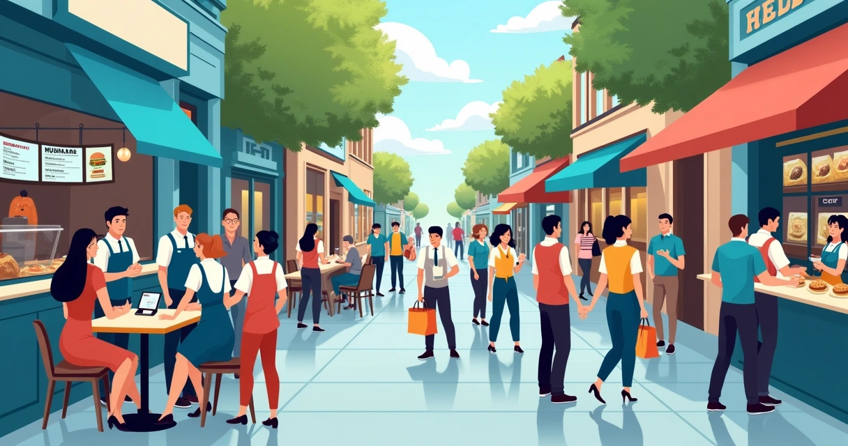 Cena vibrante de diversos setores, como restaurantes e varejo, adaptando-se ao TEF com pagamentos digitais eficientes.