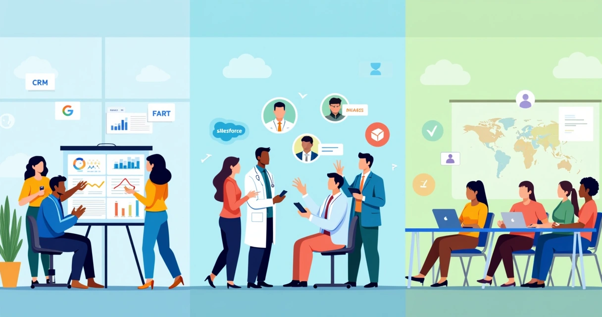 Ilustração colorida de diversos setores beneficiados com soluções SaaS, como vendas, saúde e educação, destacando progresso e conectividade.