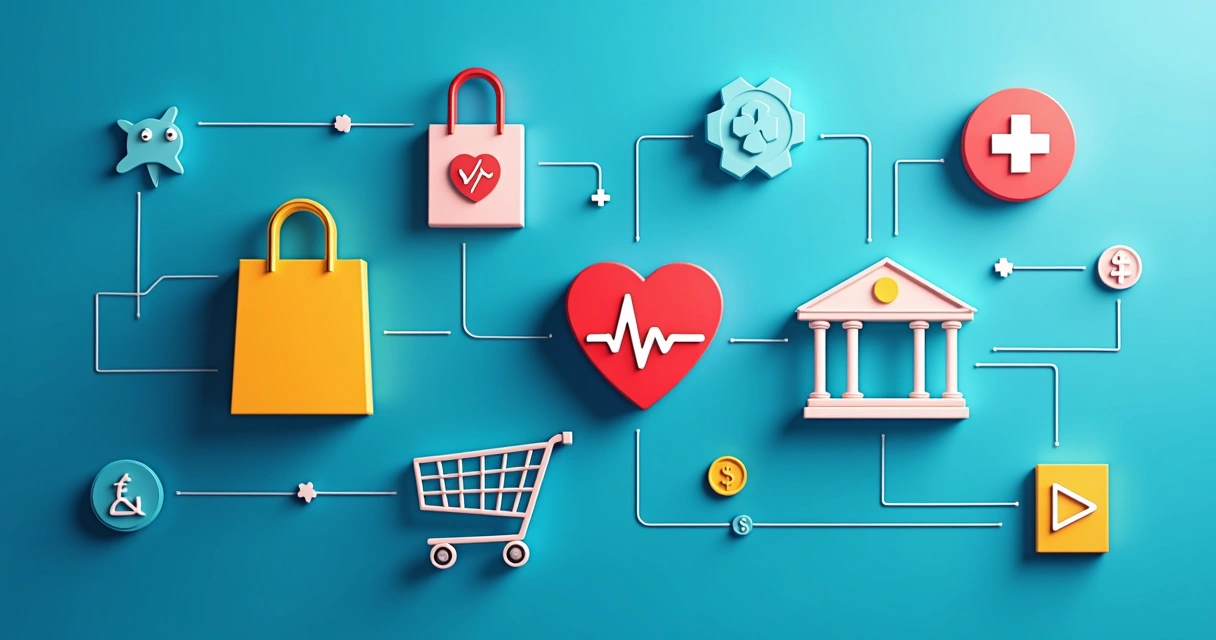 Ícones representando setores como varejo, saúde, finanças e e-commerce 
