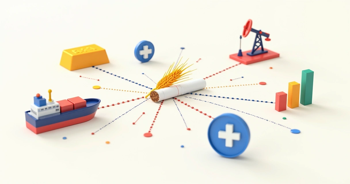 Ícones coloridos de setores como ouro, petróleo, navios e saúde com linhas desconectadas mostrando baixa correlação 