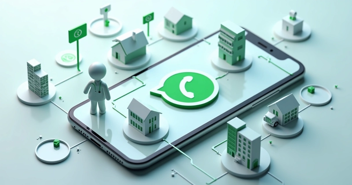 Representação visual de setores como saúde, educação, imobiliário e e-commerce em torno de uma tela de WhatsApp 