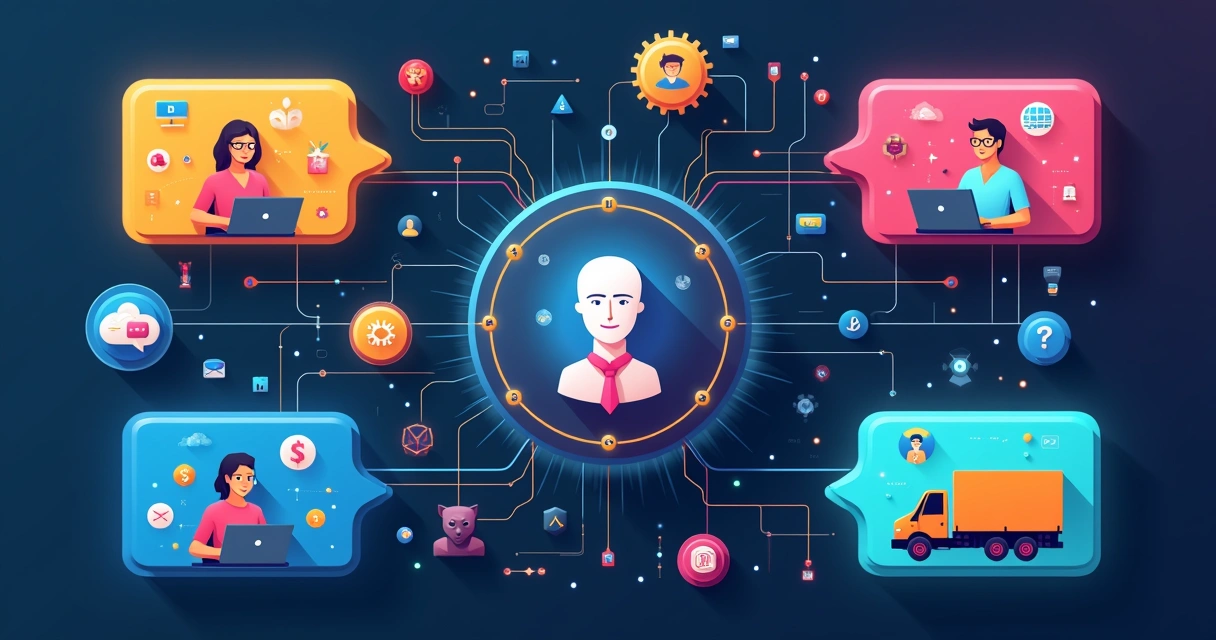 Infográfico com setores impactados por IA: RH, finanças, atendimento, marketing, logística 