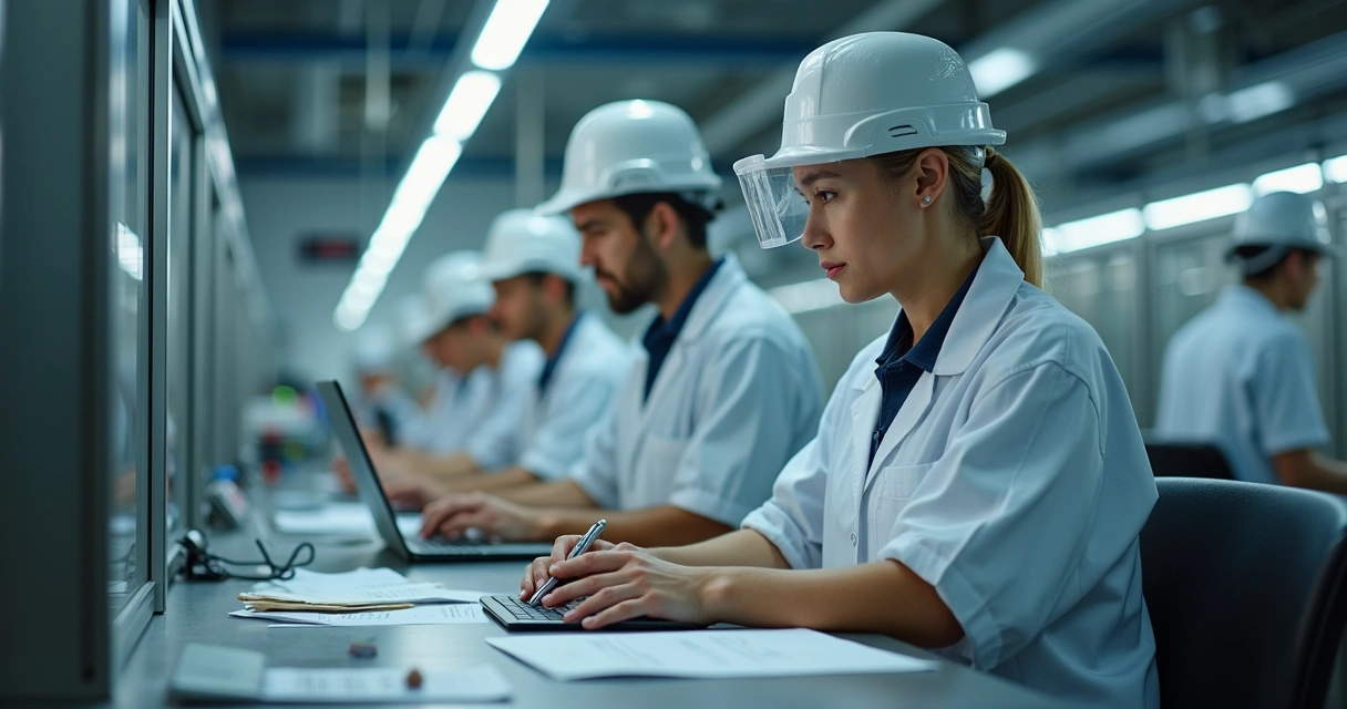 Equipes de áreas diferentes em uma fábrica de alimentos, cada uma em sua própria estação, sem interação