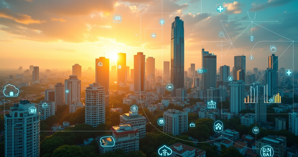 Vista aérea de cidade brasileira com ícones de inovação e tecnologia sobrepostos 