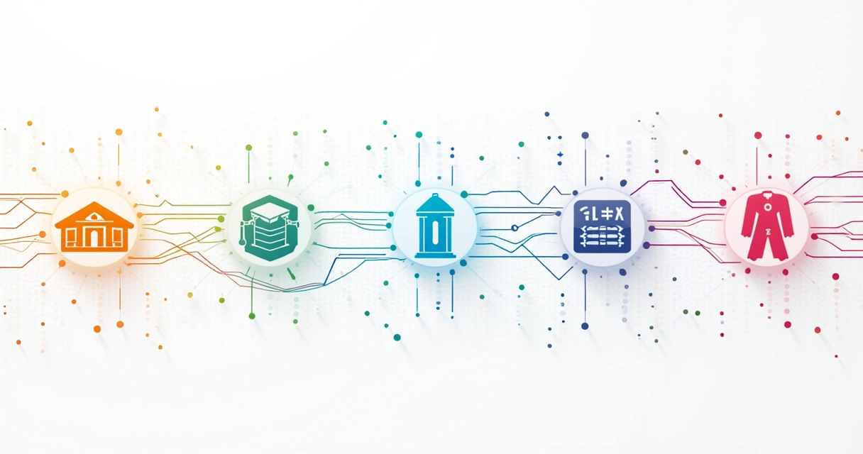 Setores variados do mercado conectados por fluxos de dados 