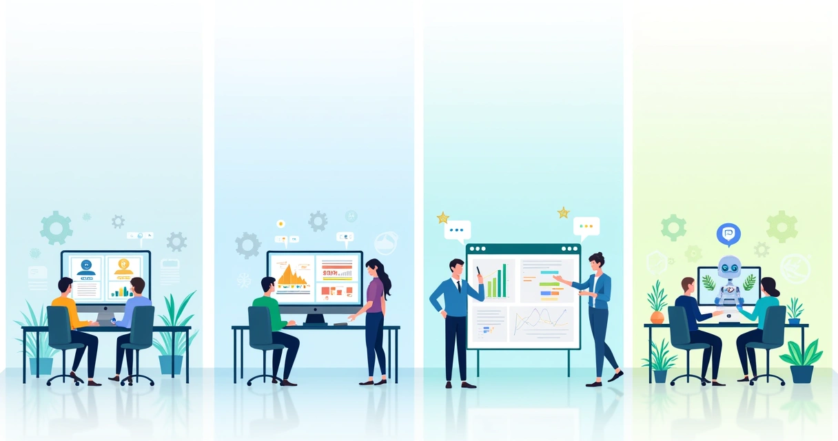 Ilustração mostrando setores como Recursos Humanos, Finanças, Administração e Atendimento ao Cliente beneficiados pela automação.