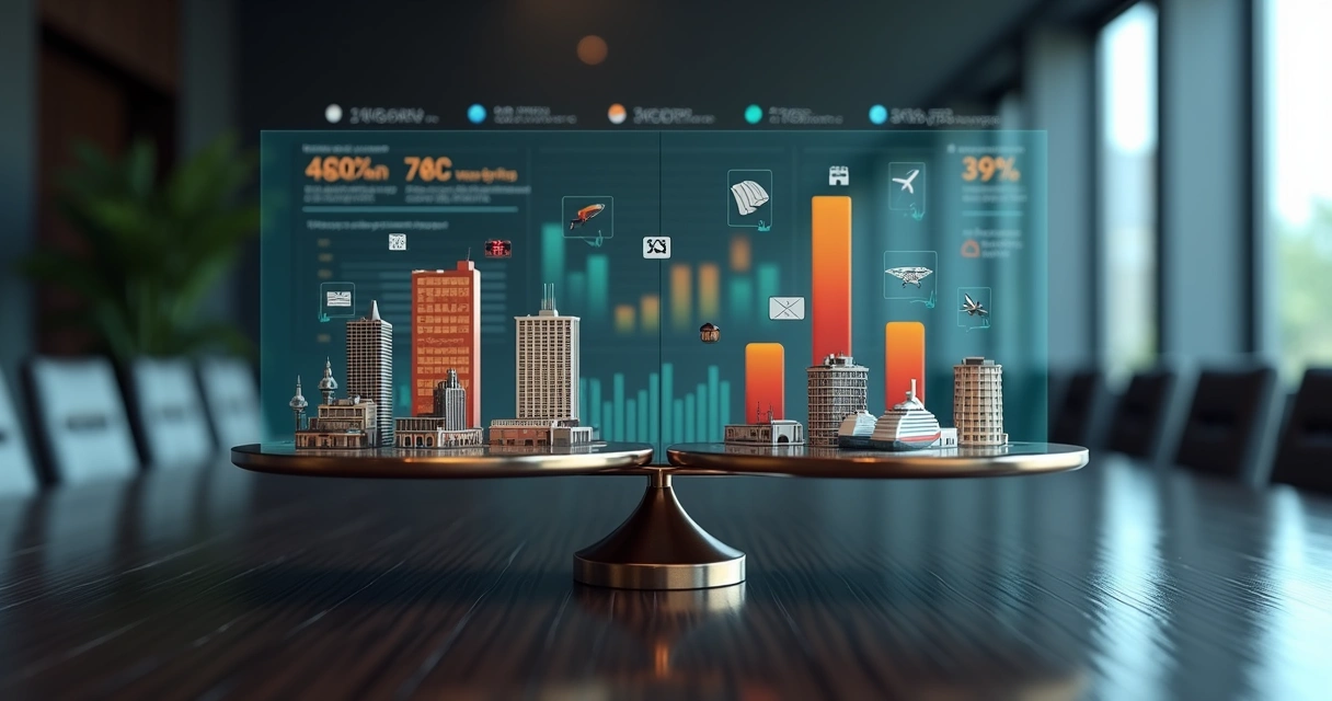 Balança corporativa com setores da economia em gráficos coloridos destacados por impostos em destaque 