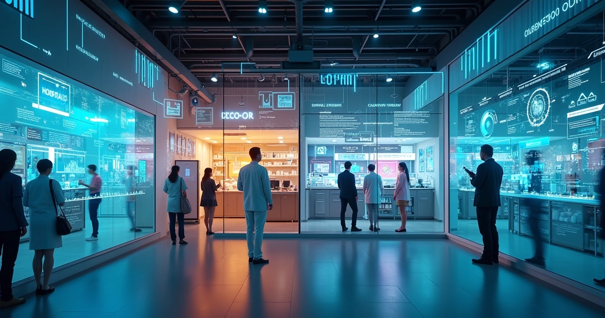 Representação visual de setores com IA: hospital, escola, comércio e indústria com gráficos flutuantes 