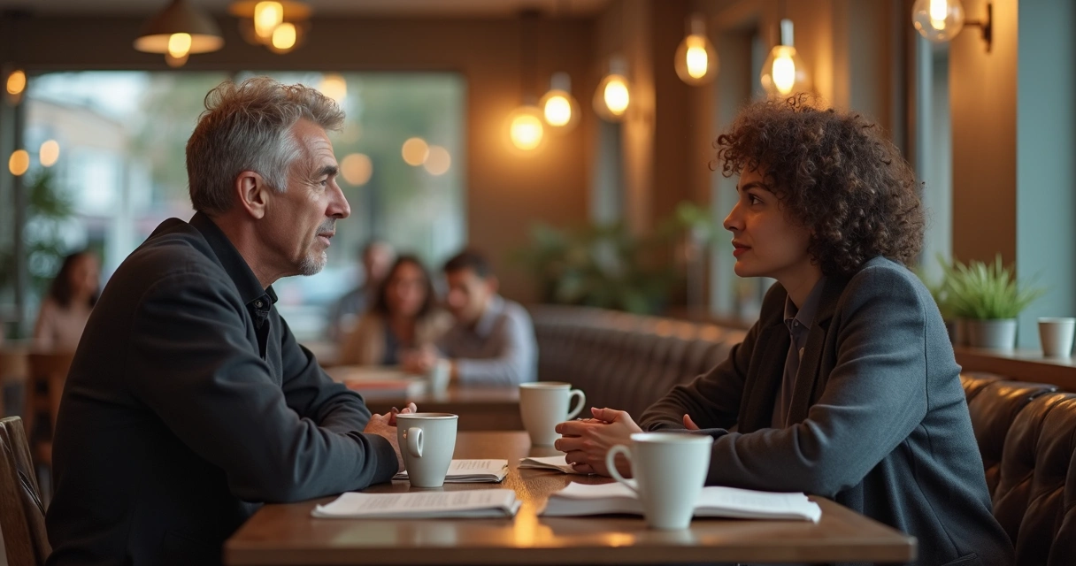 Two people sitting at a table, one speaking assertively, both engaged in a respectful conversation 
